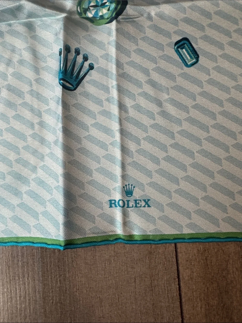 Rolex Silk Scarf in light blue, Green & Teal with Crown Motif - 100% silk